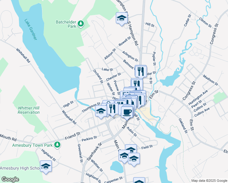 map of restaurants, bars, coffee shops, grocery stores, and more near 12 Winter Street in Amesbury
