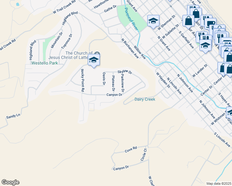 map of restaurants, bars, coffee shops, grocery stores, and more near 250 Canyon Drive in Pocatello