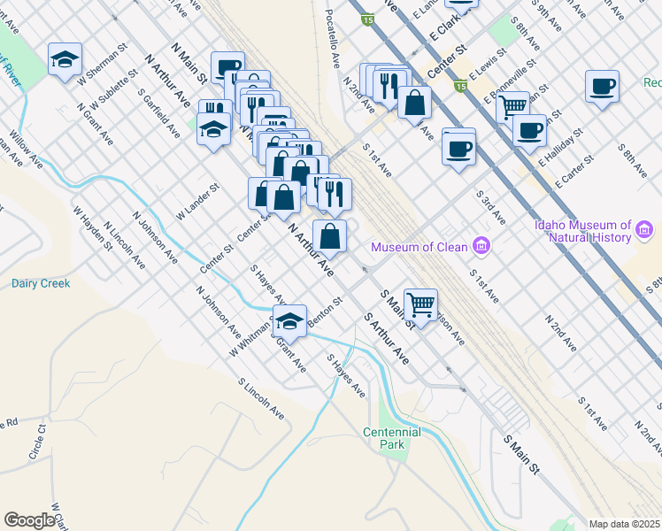 map of restaurants, bars, coffee shops, grocery stores, and more near 360 South Arthur Avenue in Pocatello
