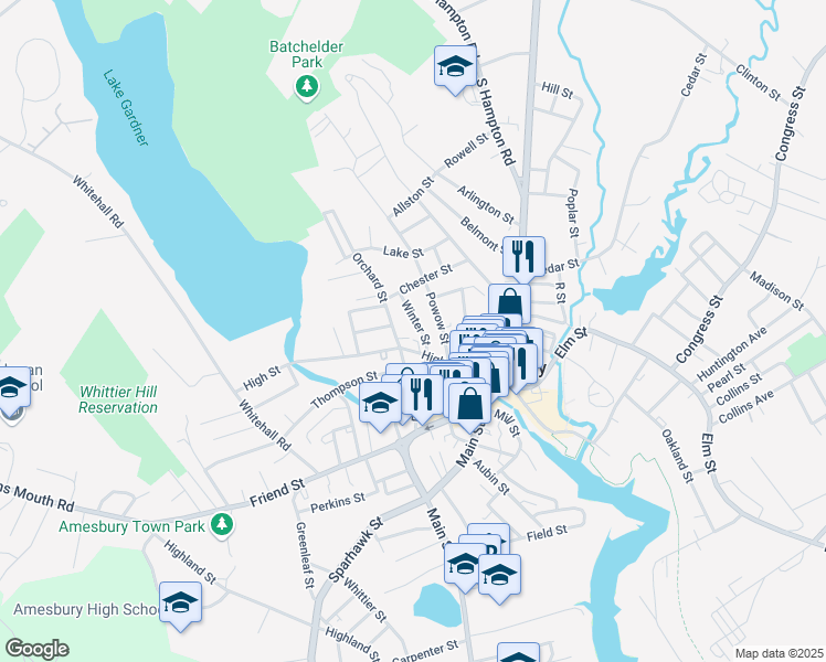 map of restaurants, bars, coffee shops, grocery stores, and more near 12 Winter Street in Amesbury