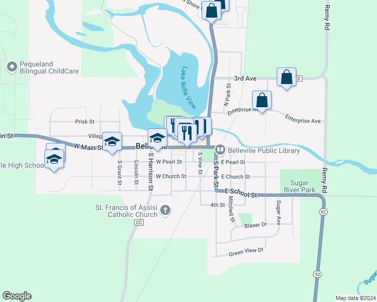 map of restaurants, bars, coffee shops, grocery stores, and more near 30 West Main Street in Belleville