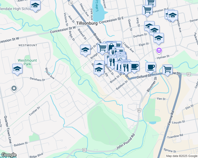 map of restaurants, bars, coffee shops, grocery stores, and more near 75 Rolph Street in Tillsonburg