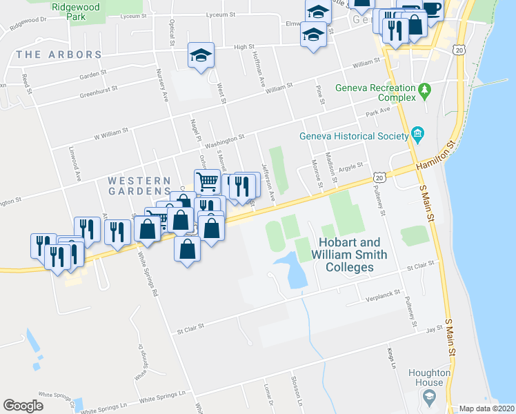 map of restaurants, bars, coffee shops, grocery stores, and more near 246 Hamilton Street in Geneva