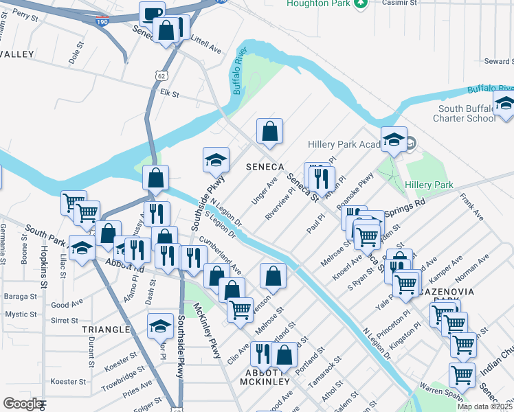 map of restaurants, bars, coffee shops, grocery stores, and more near 75 Unger Avenue in Buffalo