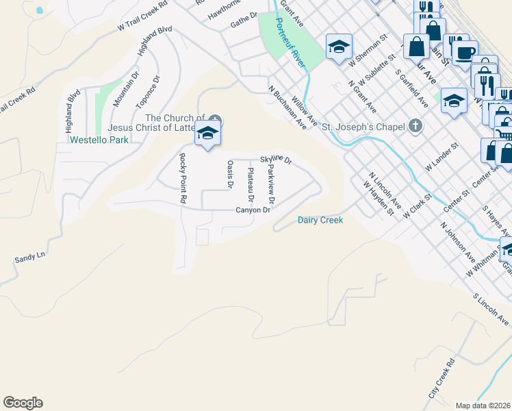 map of restaurants, bars, coffee shops, grocery stores, and more near 250 Canyon Drive in Pocatello