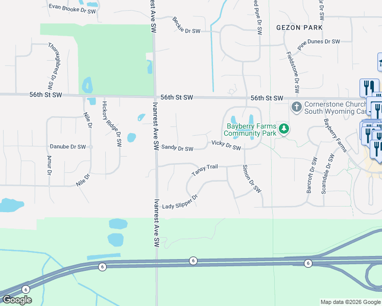 map of restaurants, bars, coffee shops, grocery stores, and more near 3088 Sandy Drive Southwest in Wyoming