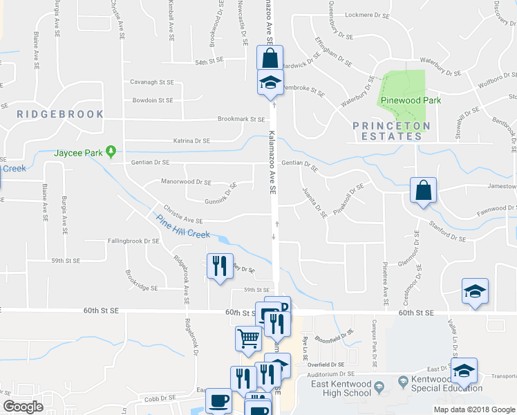 map of restaurants, bars, coffee shops, grocery stores, and more near 5924 Christie Avenue Southeast in Grand Rapids