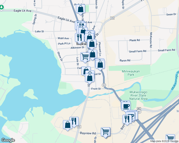 map of restaurants, bars, coffee shops, grocery stores, and more near 506 Main Street in Mukwonago
