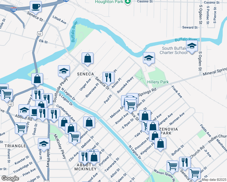 map of restaurants, bars, coffee shops, grocery stores, and more near 1892 Seneca St in Buffalo