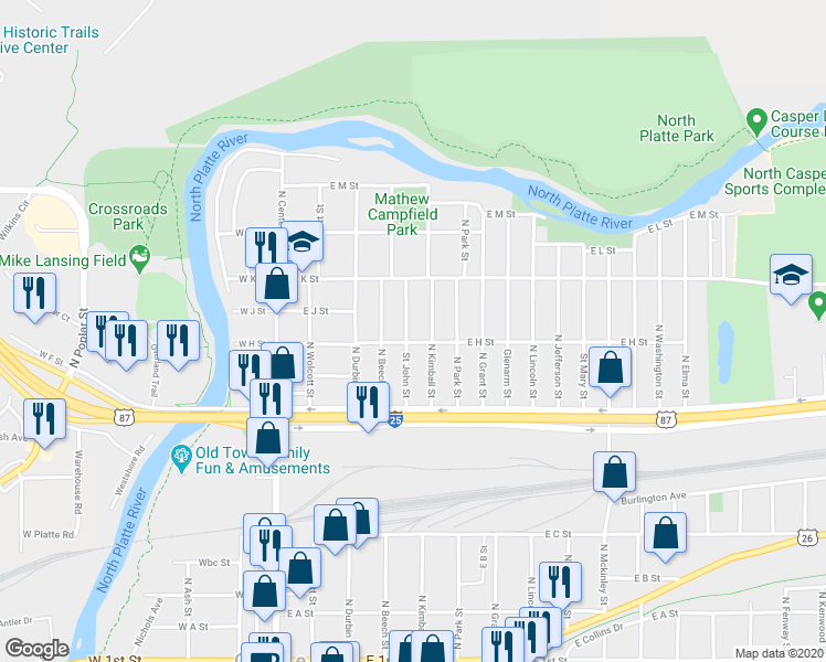 map of restaurants, bars, coffee shops, grocery stores, and more near 915 Saint John Street in Casper