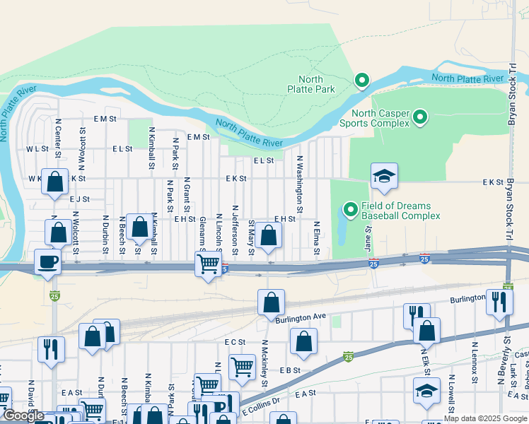 map of restaurants, bars, coffee shops, grocery stores, and more near 914 North Mckinley Street in Casper