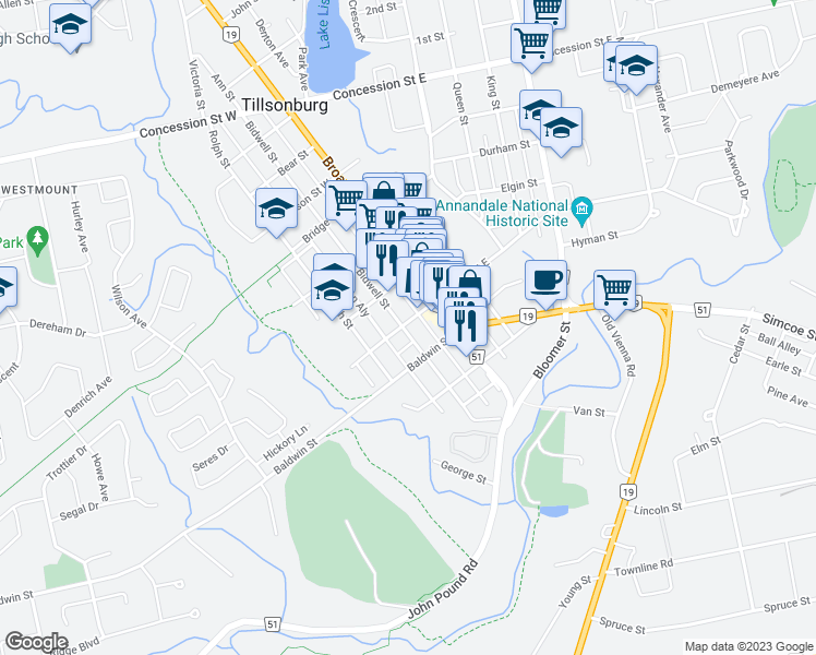 map of restaurants, bars, coffee shops, grocery stores, and more near 39 Brock Street West in Tillsonburg