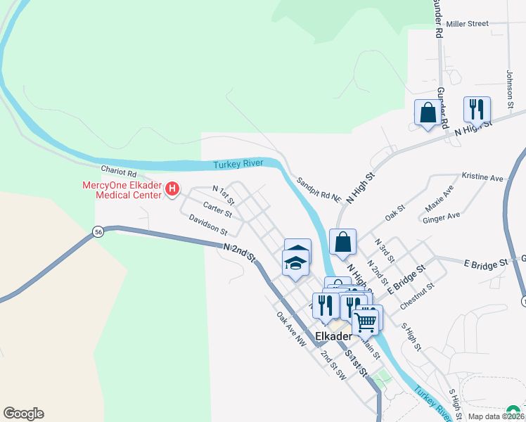 map of restaurants, bars, coffee shops, grocery stores, and more near Spring Street in Elkader