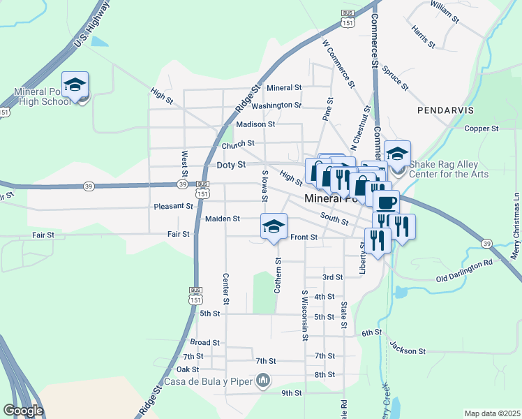 map of restaurants, bars, coffee shops, grocery stores, and more near 307 S Iowa St in Mineral Point
