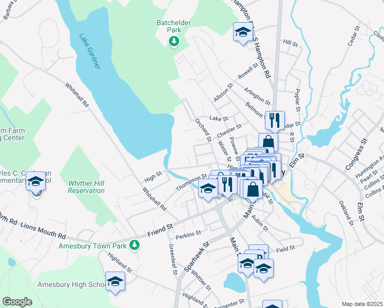map of restaurants, bars, coffee shops, grocery stores, and more near 18 Woodlawn Street in Amesbury