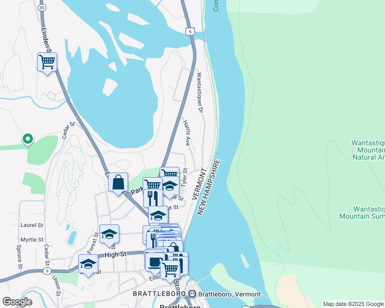 map of restaurants, bars, coffee shops, grocery stores, and more near 53 Harris Avenue in Brattleboro