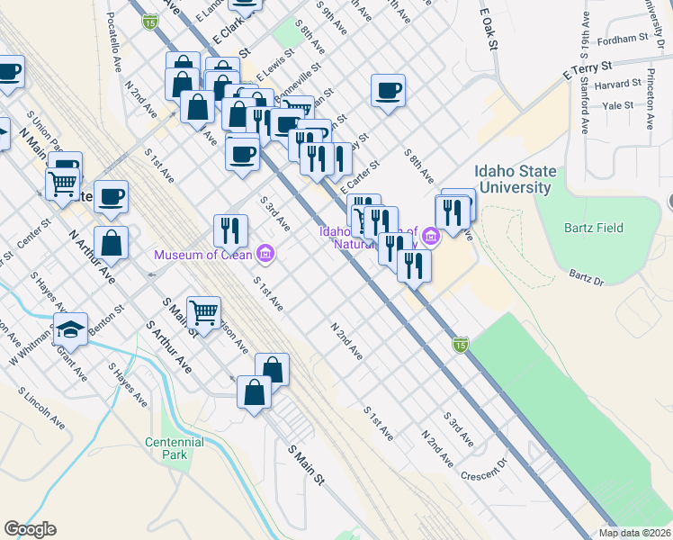 map of restaurants, bars, coffee shops, grocery stores, and more near 408 East Terry Street in Pocatello