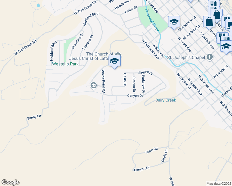 map of restaurants, bars, coffee shops, grocery stores, and more near 380 Canyon Drive in Pocatello