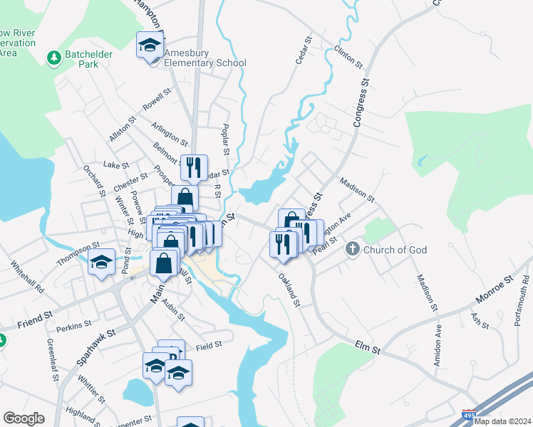 map of restaurants, bars, coffee shops, grocery stores, and more near 12 Spring Street in Amesbury