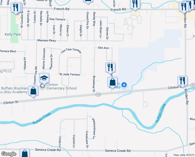 map of restaurants, bars, coffee shops, grocery stores, and more near 105 Huntington Avenue in West Seneca