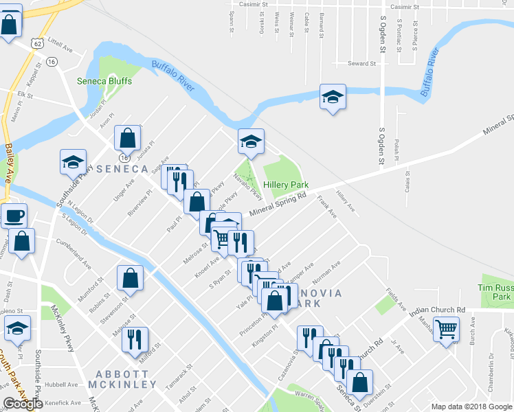 map of restaurants, bars, coffee shops, grocery stores, and more near 94 Mineral Springs Road in Buffalo