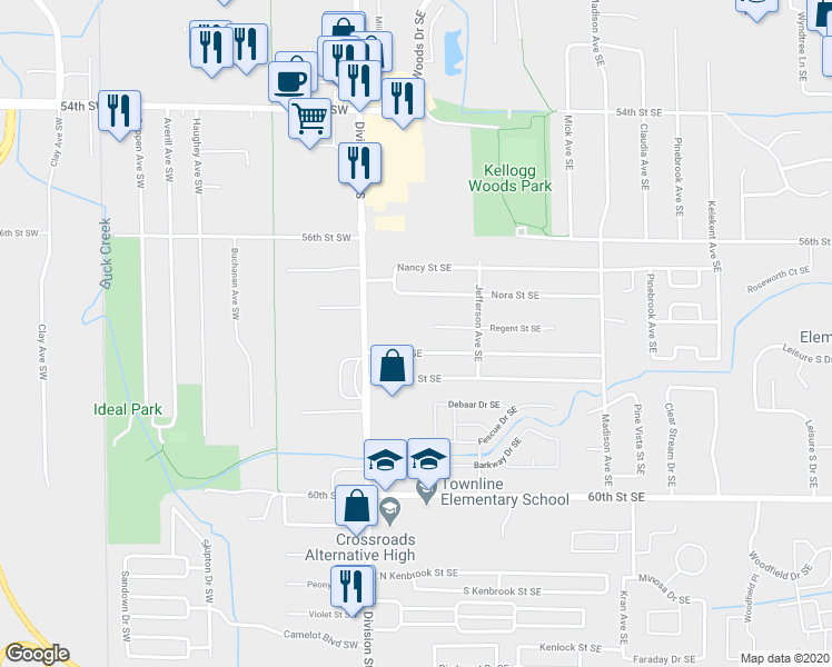 map of restaurants, bars, coffee shops, grocery stores, and more near 52 Regent Street Southeast in Kentwood