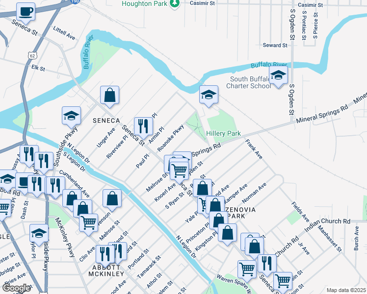 map of restaurants, bars, coffee shops, grocery stores, and more near 55 Seminole Parkway in Buffalo