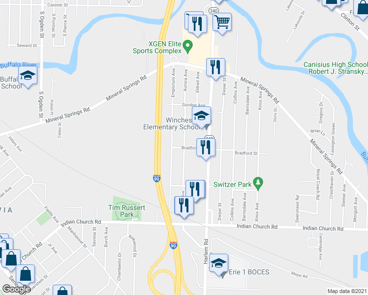 map of restaurants, bars, coffee shops, grocery stores, and more near Aurora Ave & Bradford St in West Seneca