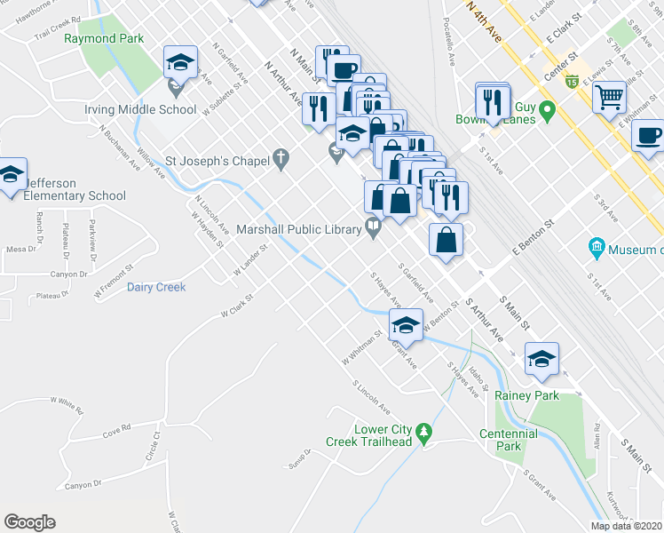 map of restaurants, bars, coffee shops, grocery stores, and more near 110 South Grant Avenue in Pocatello
