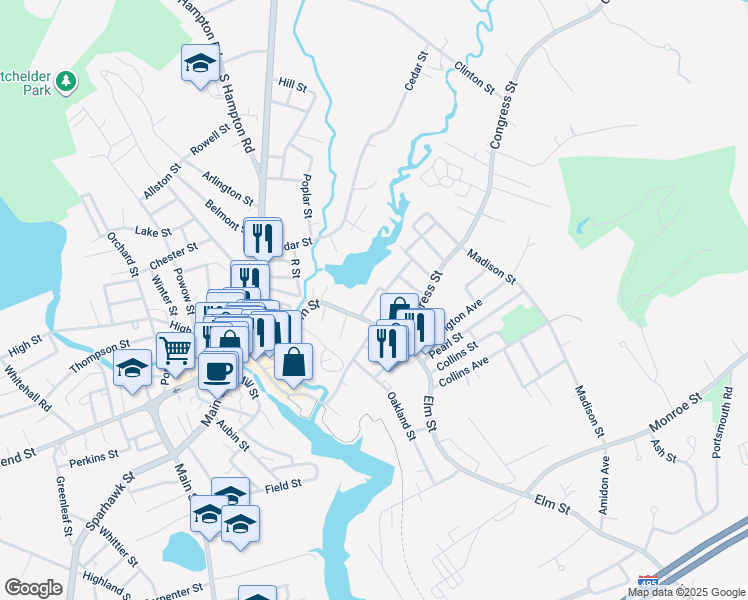 map of restaurants, bars, coffee shops, grocery stores, and more near 12 Spring Street in Amesbury