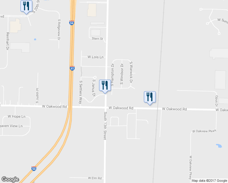 map of restaurants, bars, coffee shops, grocery stores, and more near 1201 West Buckingham Drive in Oak Creek