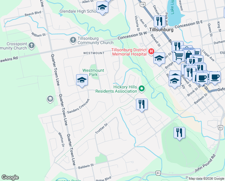 map of restaurants, bars, coffee shops, grocery stores, and more near 24 Denrich Avenue in Tillsonburg