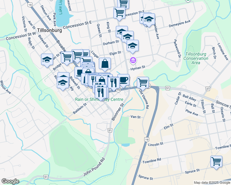 map of restaurants, bars, coffee shops, grocery stores, and more near 49 Oxford Street in Tillsonburg