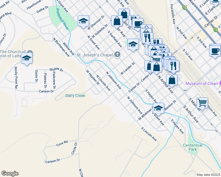 map of restaurants, bars, coffee shops, grocery stores, and more near 238 North Lincoln Avenue in Pocatello