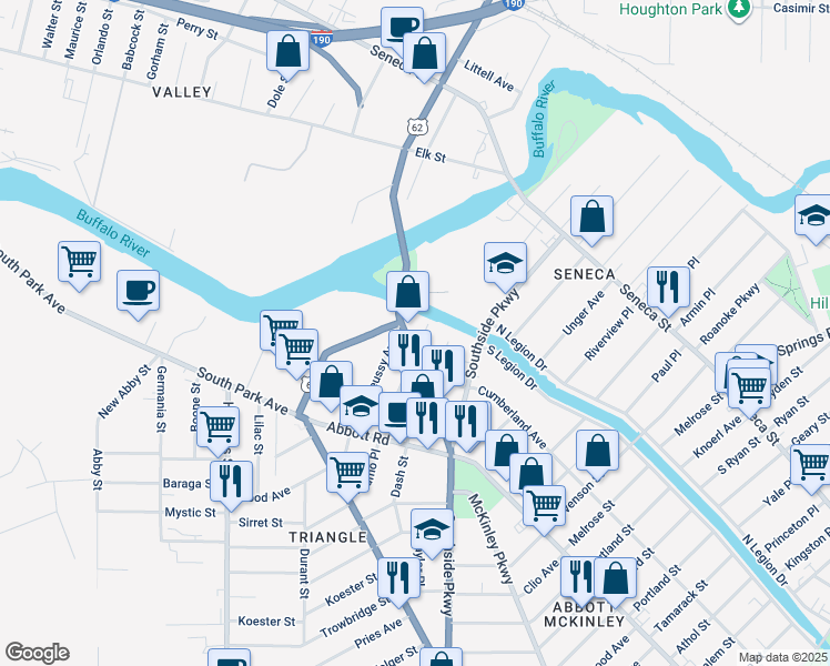 map of restaurants, bars, coffee shops, grocery stores, and more near 1039 McKinley Parkway in Buffalo