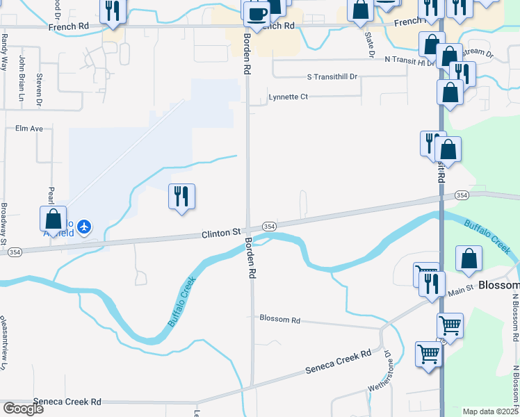 map of restaurants, bars, coffee shops, grocery stores, and more near 221 Borden Road in Buffalo