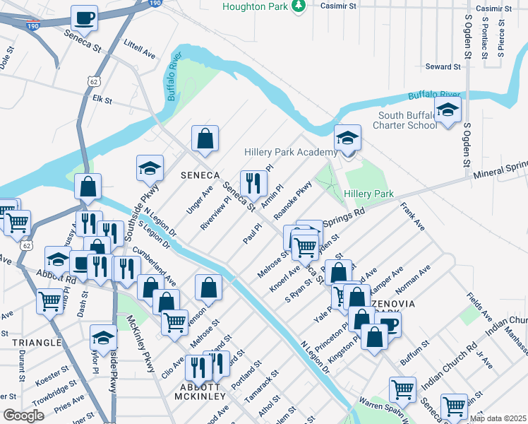 map of restaurants, bars, coffee shops, grocery stores, and more near 1890 Seneca Street in Buffalo