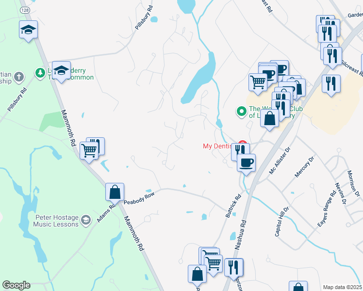 map of restaurants, bars, coffee shops, grocery stores, and more near 28 Winterwood Drive in Londonderry