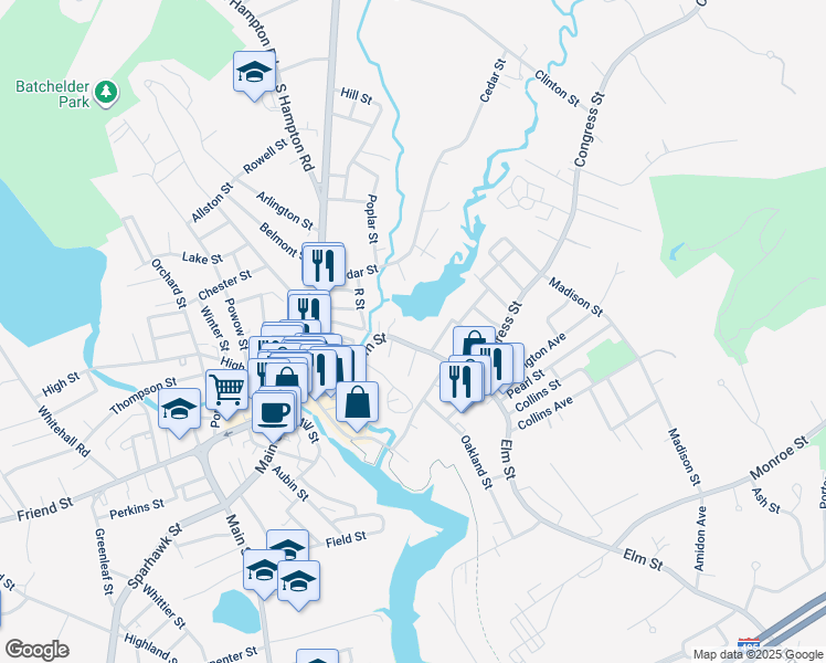 map of restaurants, bars, coffee shops, grocery stores, and more near 101 Elm Street in Amesbury