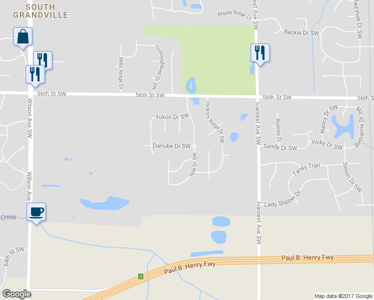 map of restaurants, bars, coffee shops, grocery stores, and more near 3452 Danube Dr SW in Wyoming