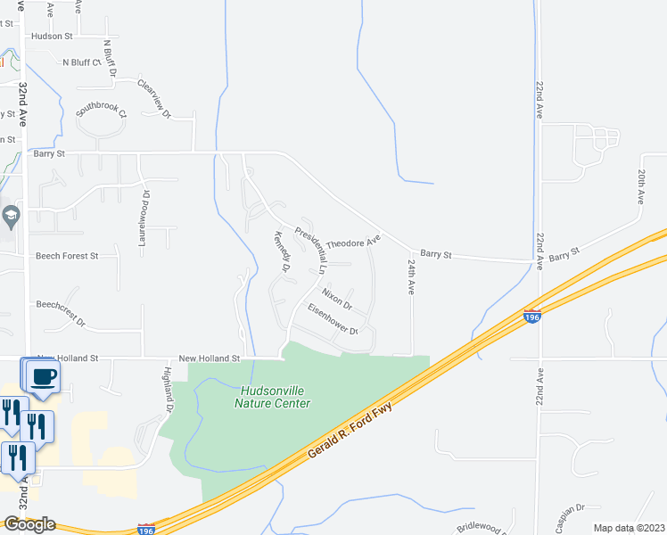 map of restaurants, bars, coffee shops, grocery stores, and more near 2602 Cleveland Court in Hudsonville