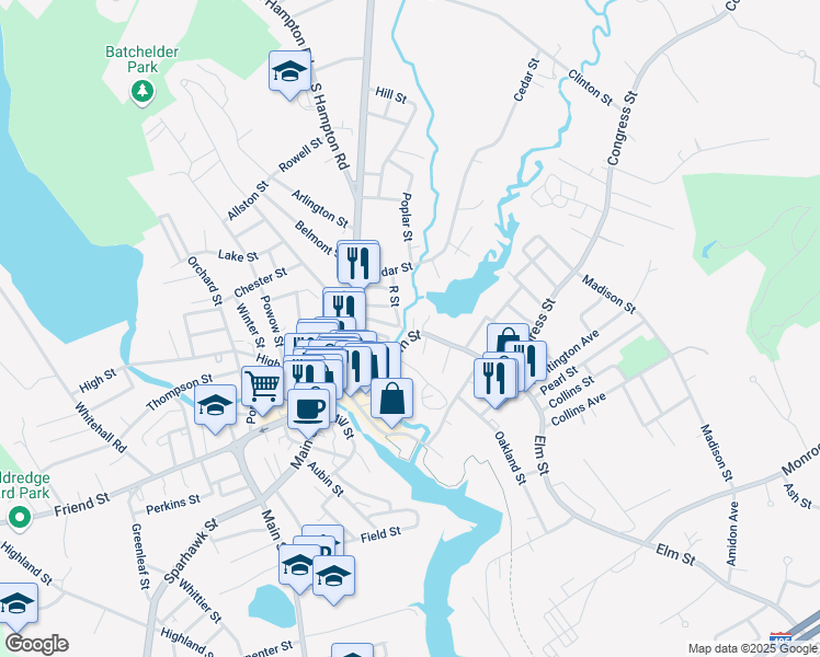 map of restaurants, bars, coffee shops, grocery stores, and more near 85 Elm Street in Amesbury