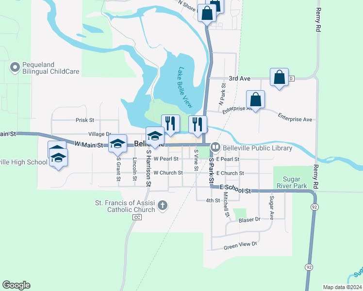map of restaurants, bars, coffee shops, grocery stores, and more near 30 West Main Street in Belleville