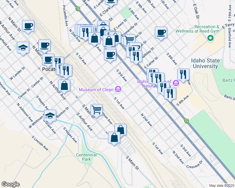 map of restaurants, bars, coffee shops, grocery stores, and more near 711 South 2nd Avenue in Pocatello