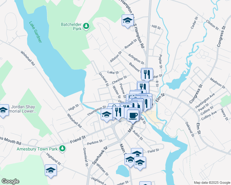 map of restaurants, bars, coffee shops, grocery stores, and more near 12 Winter Street in Amesbury