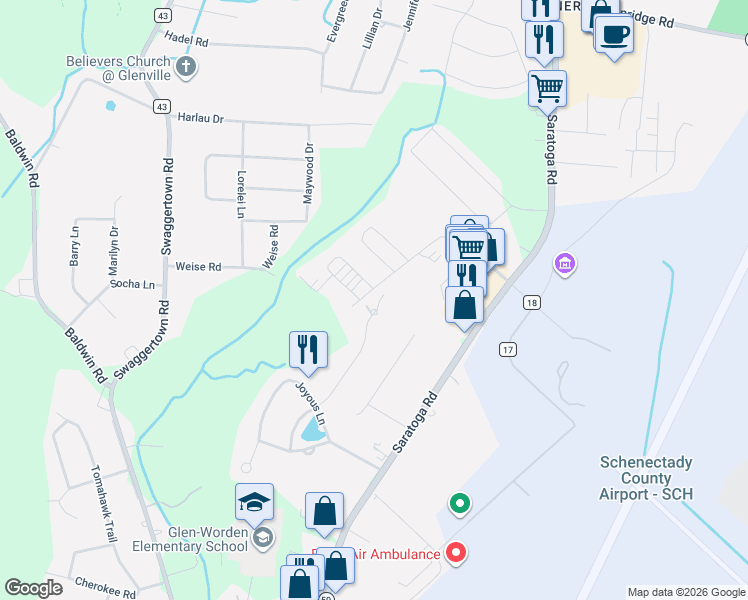 map of restaurants, bars, coffee shops, grocery stores, and more near 33 Praise Lane in Glenville