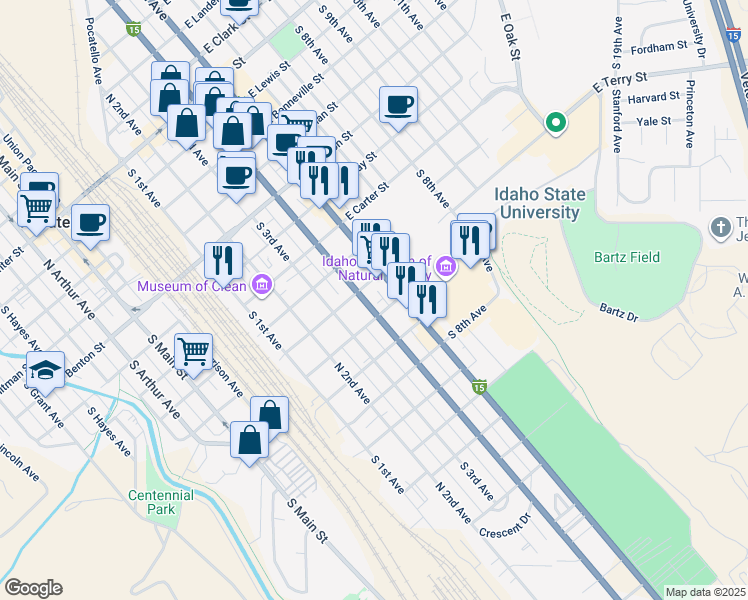 map of restaurants, bars, coffee shops, grocery stores, and more near 930 South 4th Avenue in Pocatello