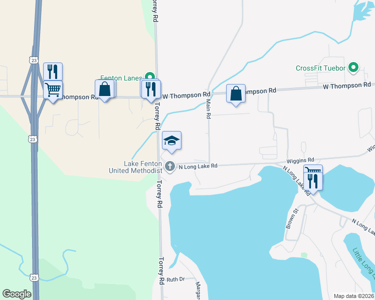 map of restaurants, bars, coffee shops, grocery stores, and more near 11425 Torrey Road in Fenton