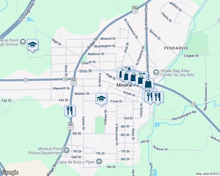 map of restaurants, bars, coffee shops, grocery stores, and more near 248 Meeker Street in Mineral Point