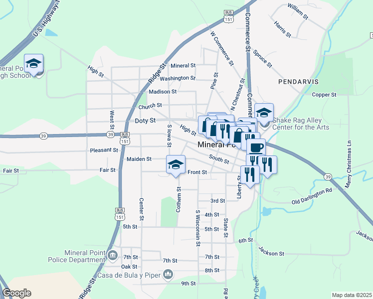 map of restaurants, bars, coffee shops, grocery stores, and more near 248 Meeker St in Mineral Point